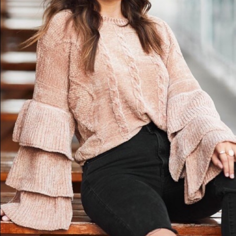 Pat Rego Rose Ruffle-Sleeve Chenille Sweater